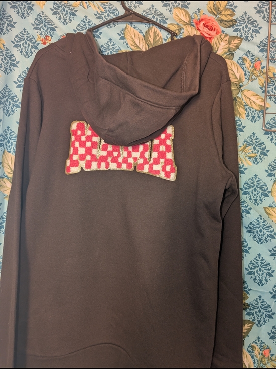 Sweaters - Brown Hoodie with Pink Checker Patch